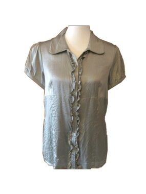 Dialogue Silk Ruffle Front Placket Peter Pan Collar Top, Silver Grey, [Size Sm]